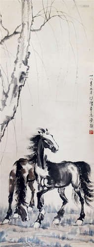 CHINESE SCROLL PAINTING OF HORSE UNDER WILLOW