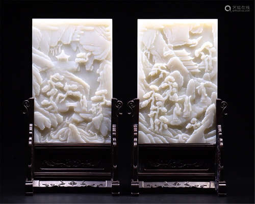 PAIR OF CHINESE JADE PLAQUE INLAID ROSEWOOD TABLE SCREENS