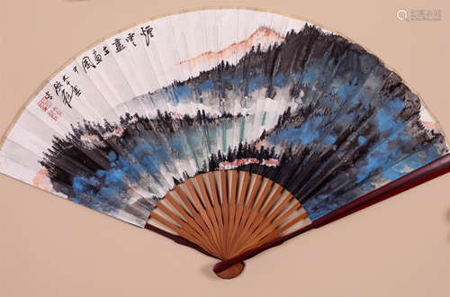 CHINESE FAN PAINTING OF MOUNTAIN VIEWS WITH CALLIGRAPHY