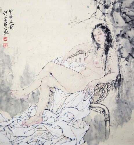 CHINESE SCROLL PAINTING OF SEATED NUDE