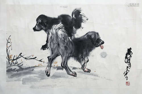 CHINESE SCROLL PAINTING OF TWO PUPPY