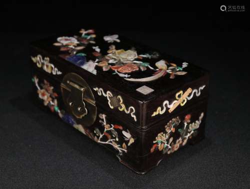 A Chinese Carved Zitan Box with Cover with Inlaided
