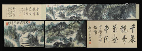 CHINESE HAND SCROLL PAINTING OF MOUNTAIN VIEWS WITH CALLIGRAPHY