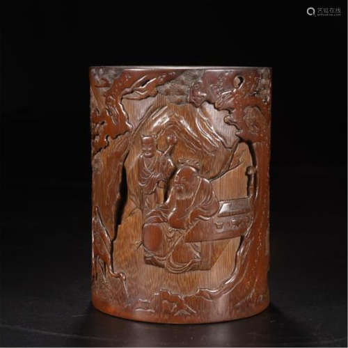 CHINESE BAMBOO CARVED MAN AND CRANE BRUSH POT