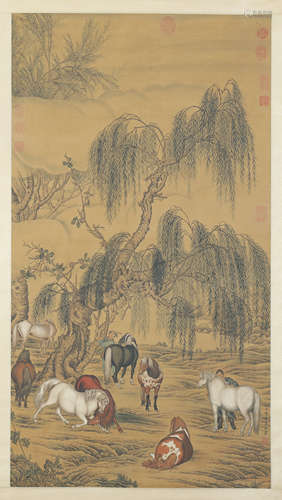 CHINESE SCROLL PAINTING OF HORSE UNDER TREE