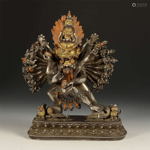 TIBETAN PARTLY GILT SILVER STANDING SAMANTAKA