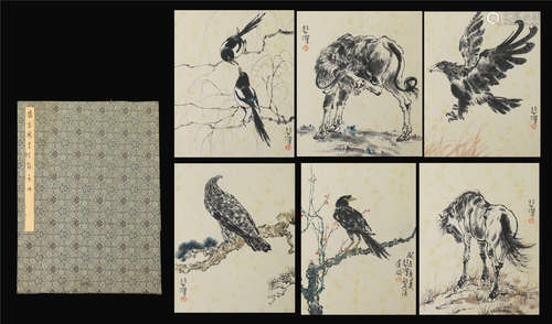 SIX PAGES OF CHINESE ALBUM PAINTING OF BIRD AND ANIMAL