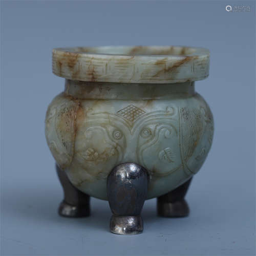 CHINESE JADE TRIPLE FEET ROUND CENSER