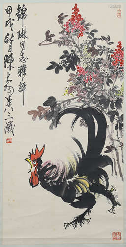 CHINESE SCROLL PAINTING OF ROOSTER AND FLOWER