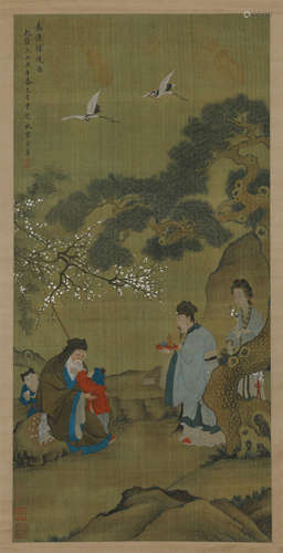 CHINESE SCROLL PAINTING OF MEN IN GARDEN