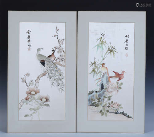 PAIR OF CHINESE EMBROIDERY BRID AND FLOWER