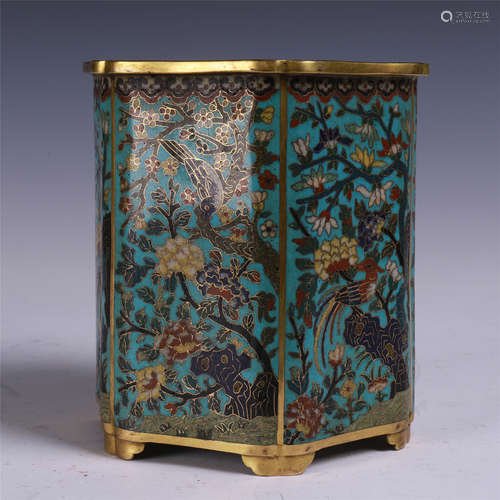 CHINESE CLOISONNE BIRD AND FLOWER HEXAGONAL BRUSH POT