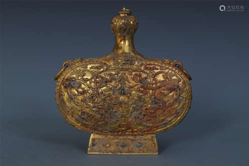 CHINESE GEM STONE INLAID PURE GOLD BOTTLE