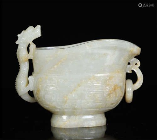 CHINESE WHITE JADE DRAGON HANDLE JUE CUP