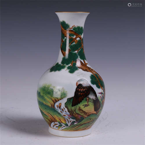 CHINESE PORCELAIN FAMILLE ROSE EAGLE UNDER PINE VASE