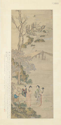 CHINESE SCROLL PAINTING OF MAN AND BEAUTIES