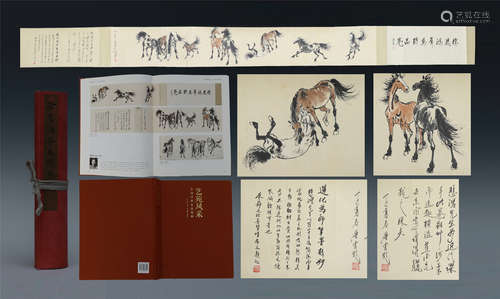 CHINESE HAND SCROLL PAINTING OF HORSE AND CALLIGRAPHY WITH PUBLICATION