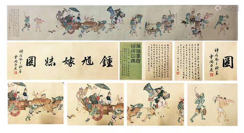 CHINESE HAND SCROLL PAINTING OF HUNDRED FIGURES WITH CALLIGRAPHY