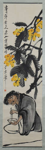 CHINESE SCROLL PAINTING OF SEATED LOHAN AND FLOWER