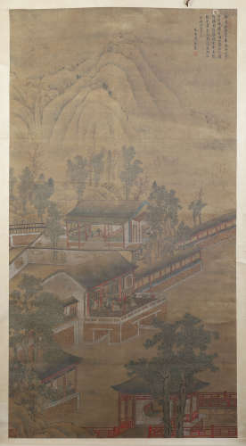 CHINESE SCROLL PAINTING OF PALACE IN MOUNTAIN