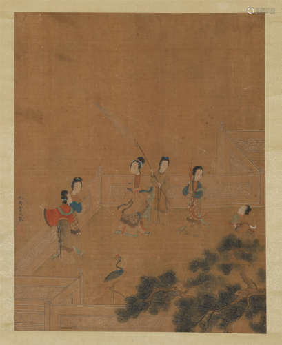 CHINESE SCROLL PAINTING OF BEAUTIES IN GARDEN