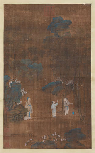 CHINESE SCROLL PAINTING OF FIGURES IN MOUNTAIN