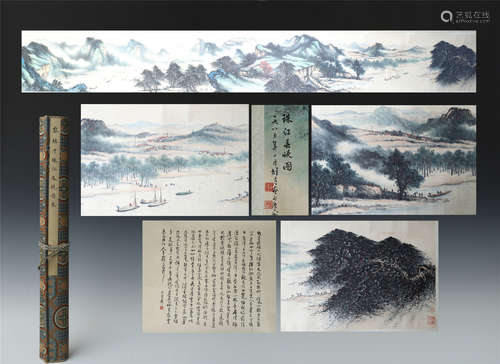 CHINESE HAND SCROLL PAINTING OF MOUNTAIN VIEWS WITH CALLIGRAPHY