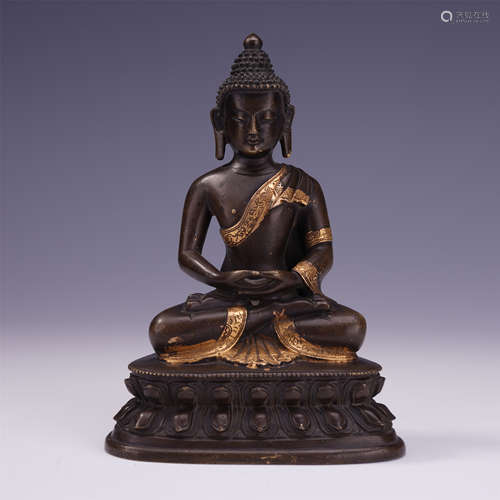 CHINESE PARTLY GILT BRONZE SEATED SAYKAMUNI