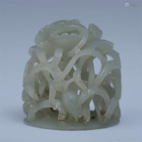 CHINESE JADE PIERCED CARVED BIRD AND LOTUS CENSER LIDDER FINAL