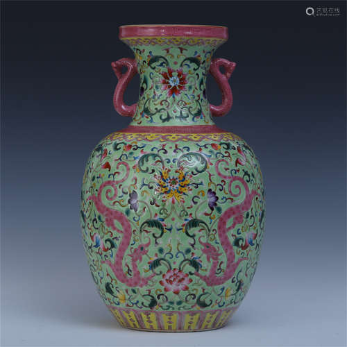 CHINESE PORCELAIN GREEN GROUND FAMILLE ROSE DRAGON VASE