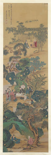 CHINESE SCROLL PAINTING OF MEN IN GARDEN