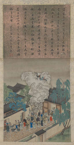 CHINESE SCROLL PAINTING OF GARDEN VIEWS WITH CALLIGRAPHY