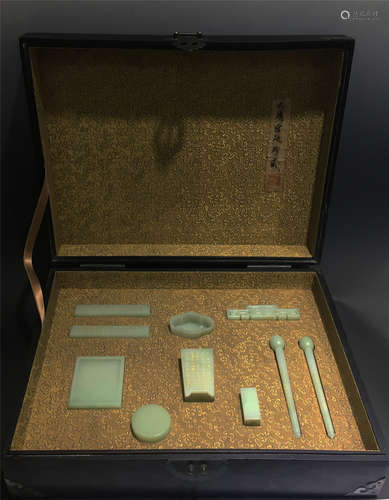 A SET OF TEN CHINESE GOLD PAINTED CELADON JADE SCHOLAR'S TABLE ITEM IN HARDWOOD ZITAN CASE