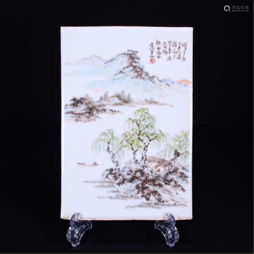 CHINESE PORCELAIN FAMILLE ROSE MOUNTAIN VIEWS PLAQUE