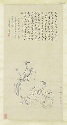 CHINESE SCROLL PAINTING OF TWO FIGURES WITH CALLIGRAPHY