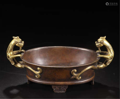 CHINESE PARTLY GILT BRONZE DRAGON HANDLE OVAL CENSER