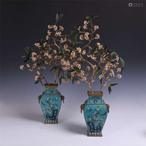 PAIR OF CHINESE PEAREL JADE GILT BRONZE BENSAI IN CLOISONNE VASE