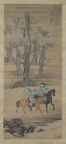 CHINESE SCROLL PAINTING OF HUNTING IN WOOD