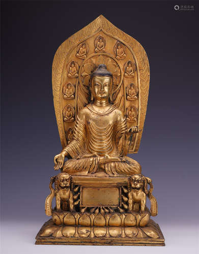 CHINESE GILT BRONZE SEATED BUDDHA ON NICHE