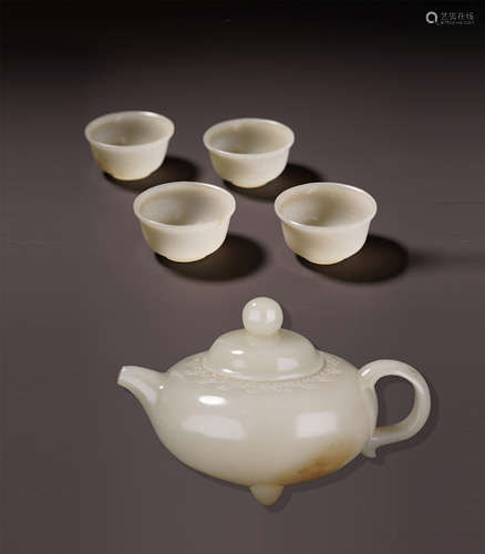 CHINESE JADE TEA POT AND FOUR CUPS