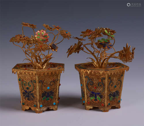 PAIR OF CHINESE GILT SILVER ENAMEL BENSAI IN BASIN