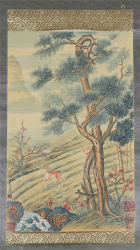 CHINESE SCROLL PAINTING OF DEER UNDER TREE