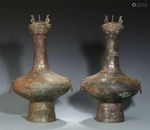 PAIR OF CHINESE SILVER INLAID BRONZE VASES