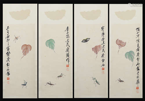 FOUR PANELS OF CHINESE SCROLL PAINTING OF INSECT AND LEAF