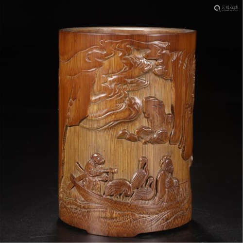 CHINESE BAMBOO CARVED MAN IN BOAT BRUSH POT
