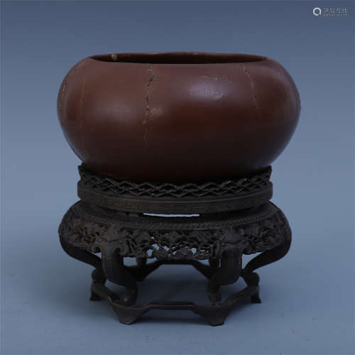 CHINESE LACQUER BOWL ON ROSEWOOD BASE