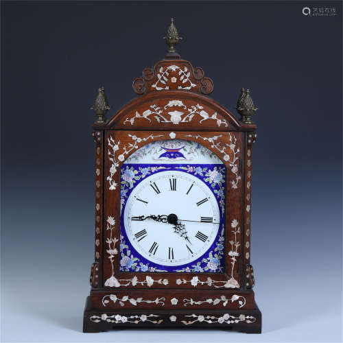 CHINESE HARDWOOD HUANGHUALI MOTHER OF PERAL INLAID ENAMEL TABLE CLOCK