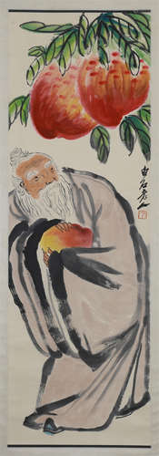 CHINESE SCROLL PAINTING OF OLD MAN WITH PEACH