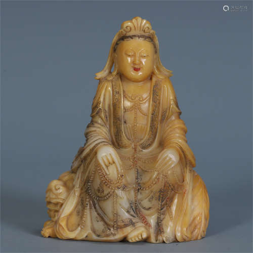 CHINESE SOAPSTONE SEATED GUANYIN ON LION