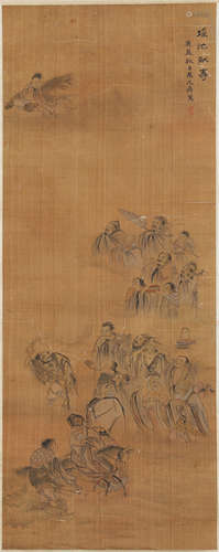 CHINESE SCROLL PAINTING OF FIGURES IN CLOUD